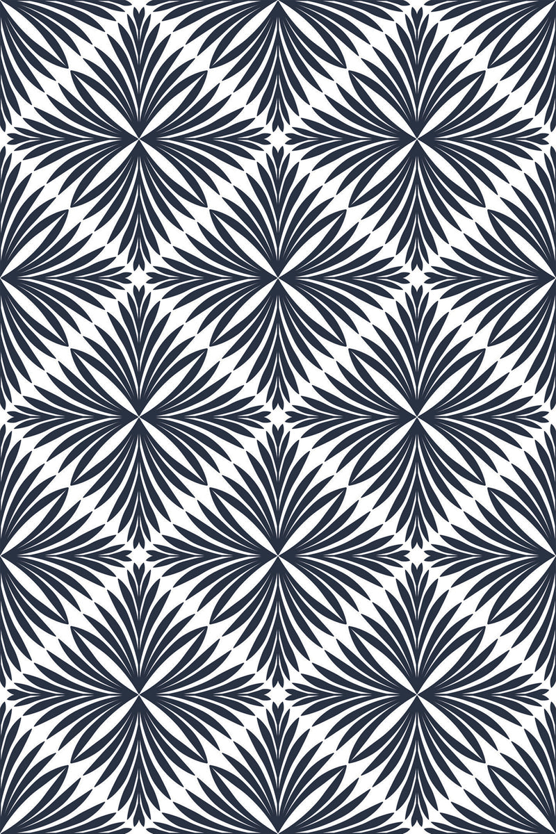 A repeating Art Deco leaf pattern with symmetrical, fan-like leaf motifs in black on a white background, creating a bold and elegant geometric design. Peel and stick removable wallpaper.