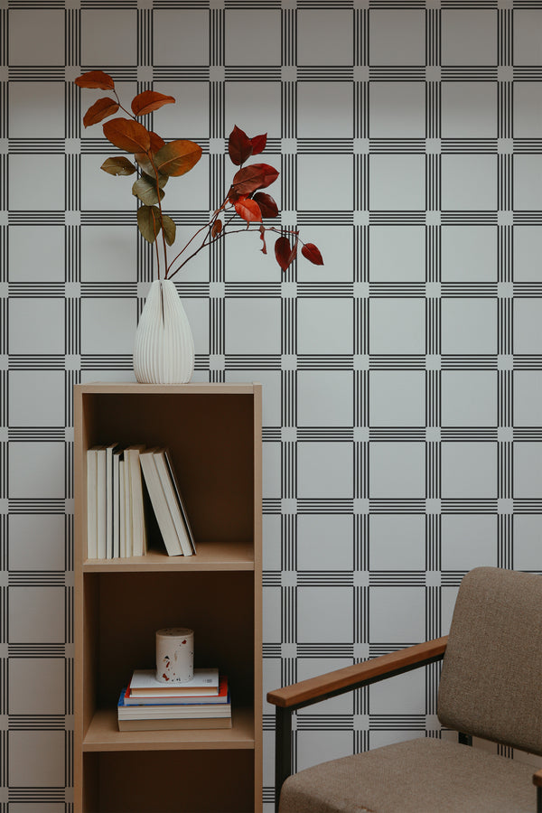self-adhesive wallpaper square geometric line pattern bookshelf armchair decorative plant interior