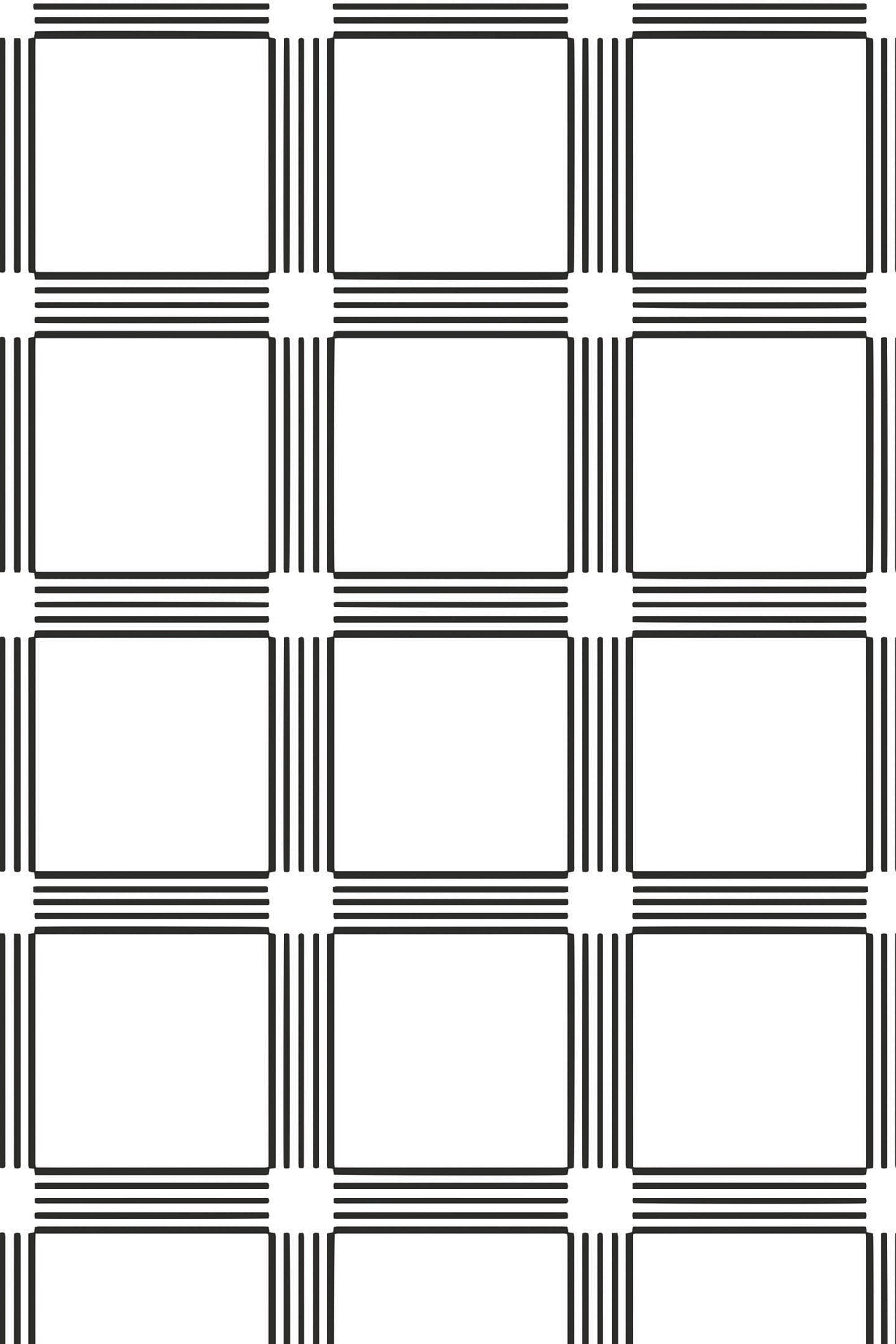 A black and white square grid pattern with thin horizontal and vertical lines creating a checkered effect. The intersecting points have a cluster of lines, adding contrast to the geometric design. Peel and stick removable wallpaper.