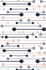 Abstract design of horizontal lines with varying circle sizes in shades of navy blue, grey, and blush pink on a white background, peel and stick removable wallpaper.