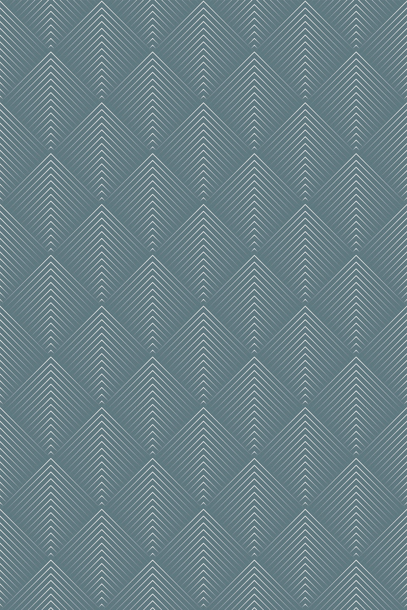 Repeating geometric arch pattern with overlapping, curved lines forming a diamond shape in a soothing blue-green color, peel and stick removable wallpaper.