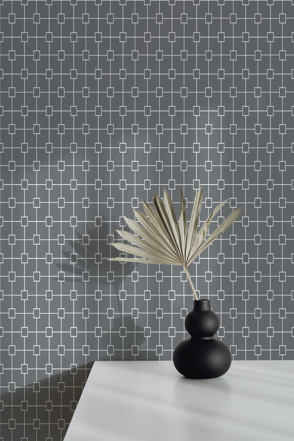wallpaper peel and stick accent wall geometric grid pattern decorative vase plant