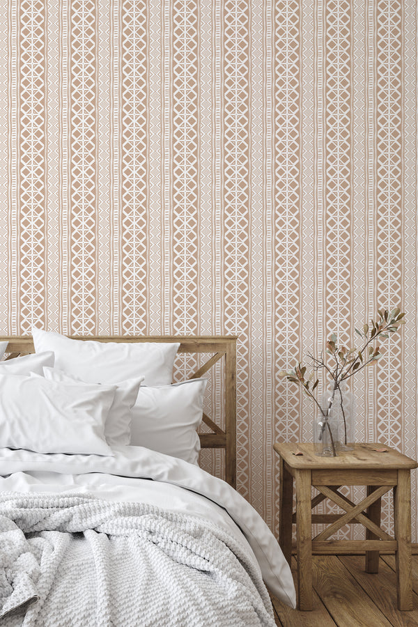 Self-adhesive wallpaper with an ethnic stripe design, featuring intricate geometric patterns in neutral tones, creating a warm, cozy ambiance in the room.