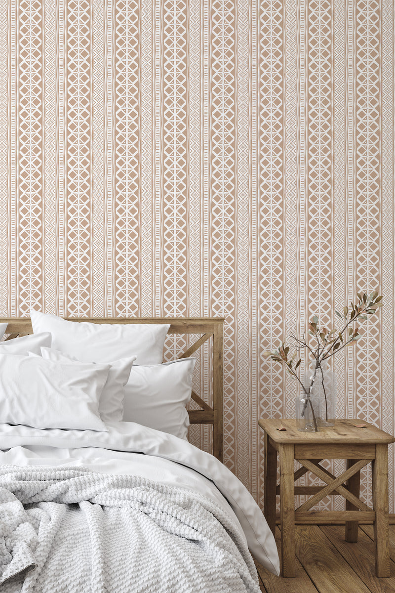 simple bedroom bed nightstand decorative vase ethnic stripe wall decor