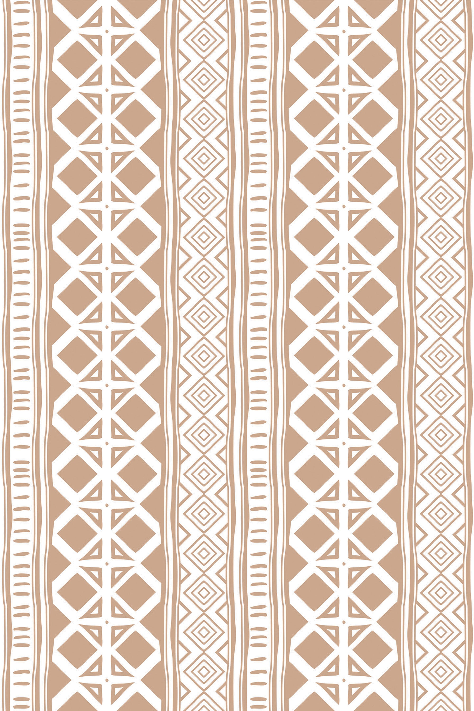 Brown and white geometric patterns with vertical lines and diamond shapes in an ethnic stripe design, peel and stick removable wallpaper.