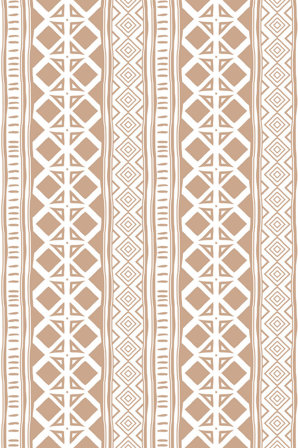 Brown and white geometric patterns with vertical lines and diamond shapes in an ethnic stripe design, peel and stick removable wallpaper.