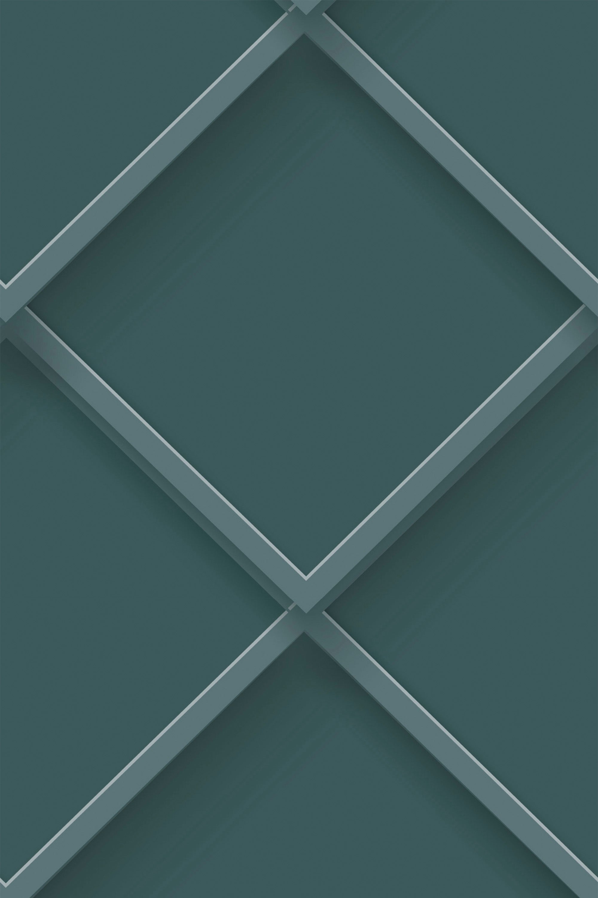 Diamond-shaped patterns with overlapping lines and shadows create a 3D layered paneling effect. The design is teal-toned with a subtle gradient giving depth and dimension. Peel and stick removable wallpaper.
