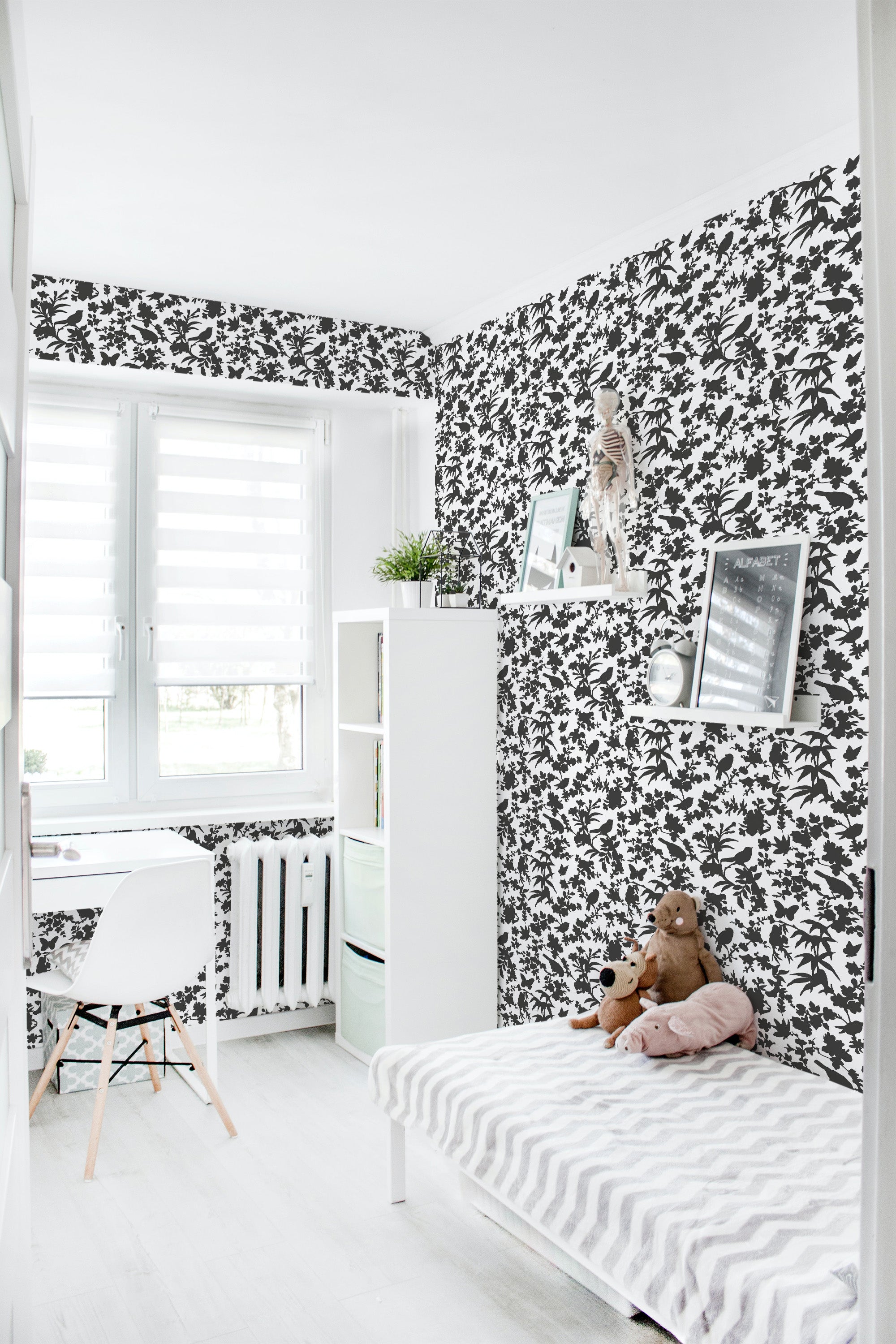 Wallpaper design with black bird silhouettes perched on branches, set against a white background. The intricate pattern brings nature indoors, creating an elegant and classic ambiance, perfect for adding a stylish touch to the space. Traditional wallpaper.