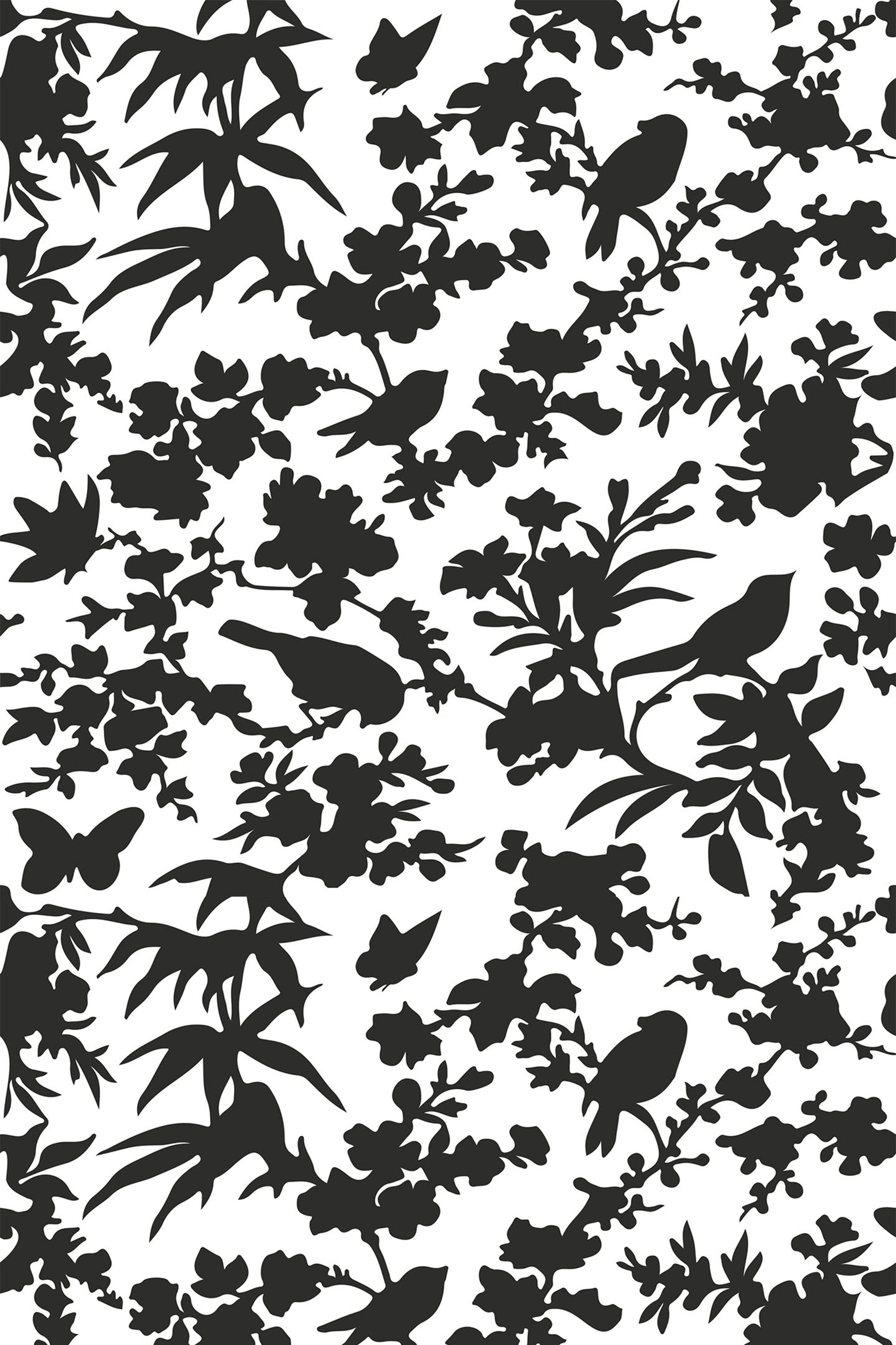 Black bird and butterfly silhouettes among detailed foliage and flowers on a white background, creating a nature-inspired pattern. Peel and stick removable wallpaper.