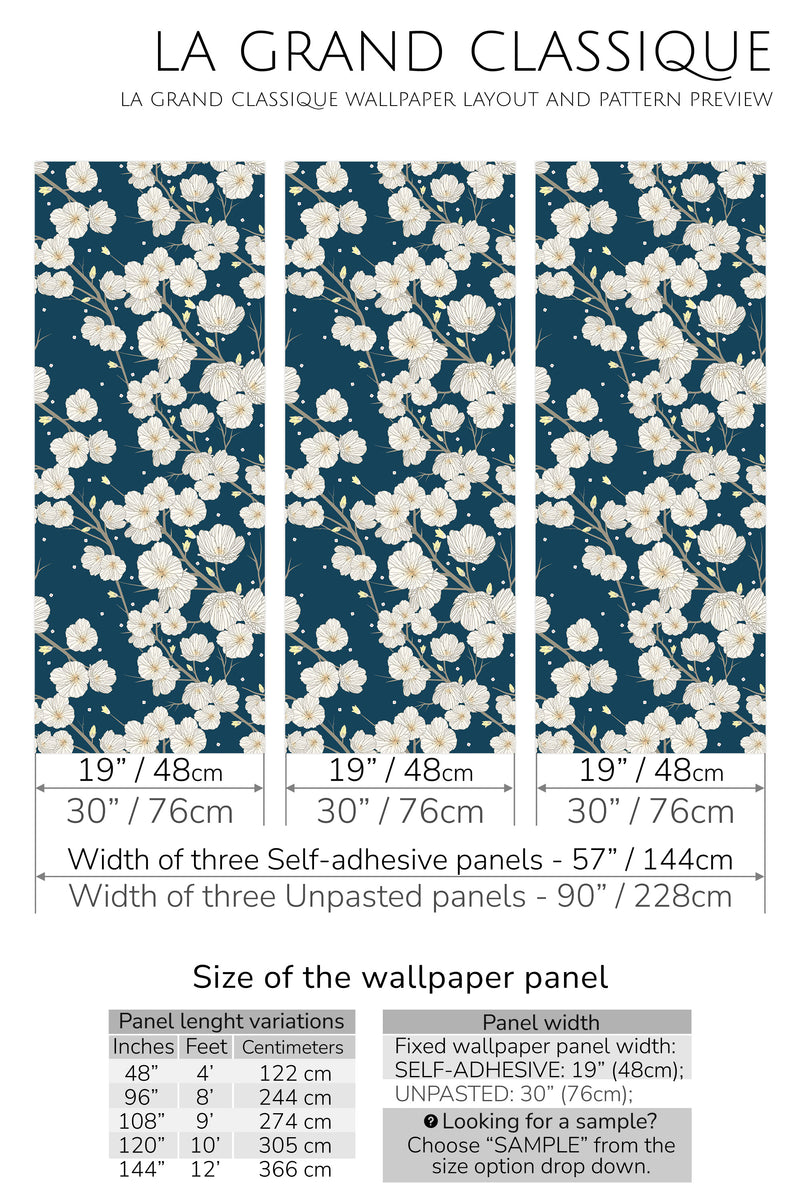 dark blue floral peel and stick wallpaper specifiation