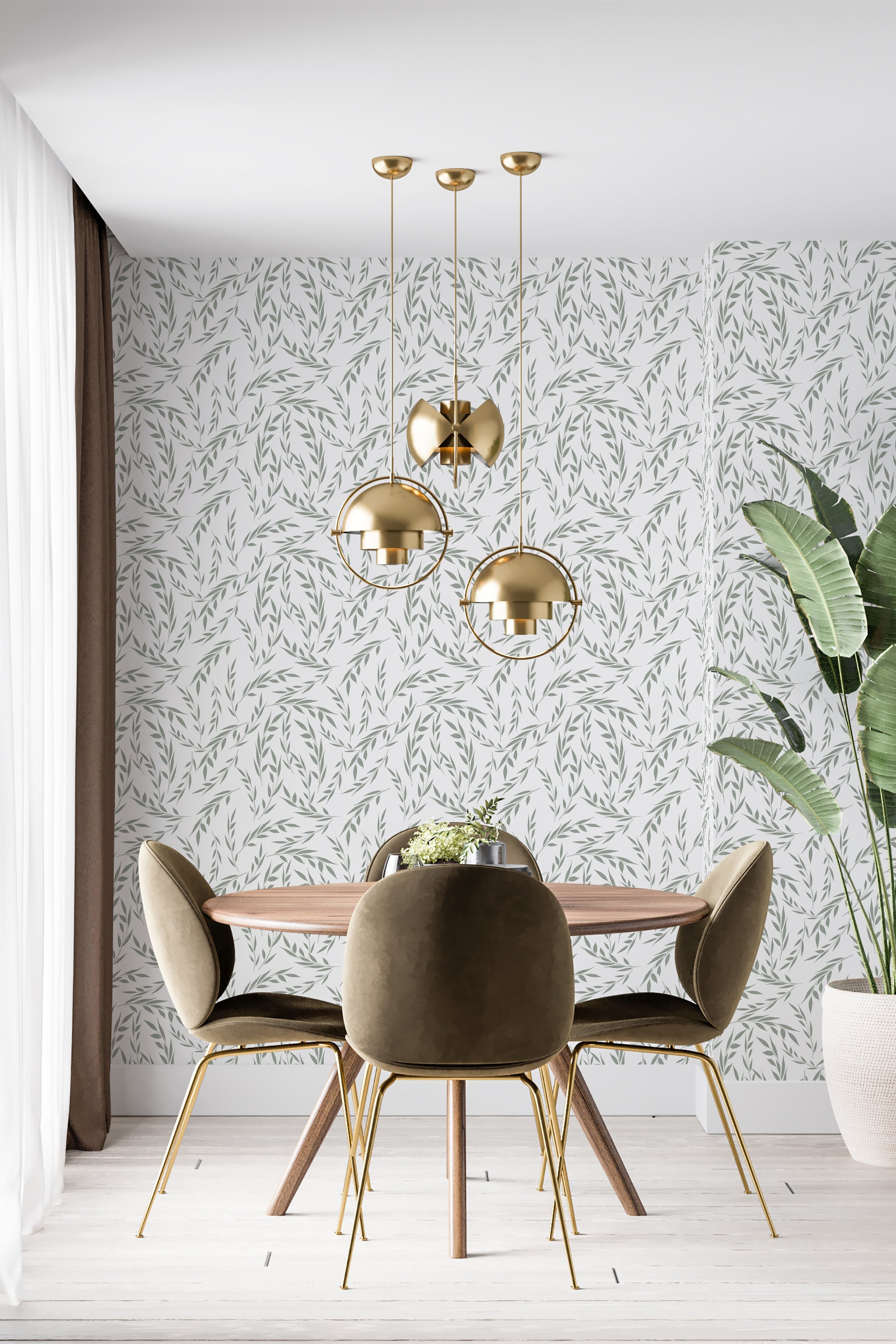 A room with a leaf design wallpaper in light green tones, giving the space a natural and serene atmosphere. The delicate foliage pattern adds an elegant touch to the wall, perfectly complementing the modern dining area furnishings. Traditional wallpaper.