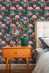 stylish bedroom interior nightstand plant lamp bold flamingo accent wall