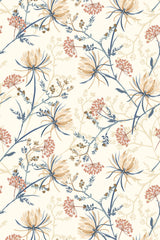 Floral wallpaper with beige and cream-toned flowers, muted red and pink buds, and delicate blue and green leaves on a light background. Peel and stick removable wallpaper.