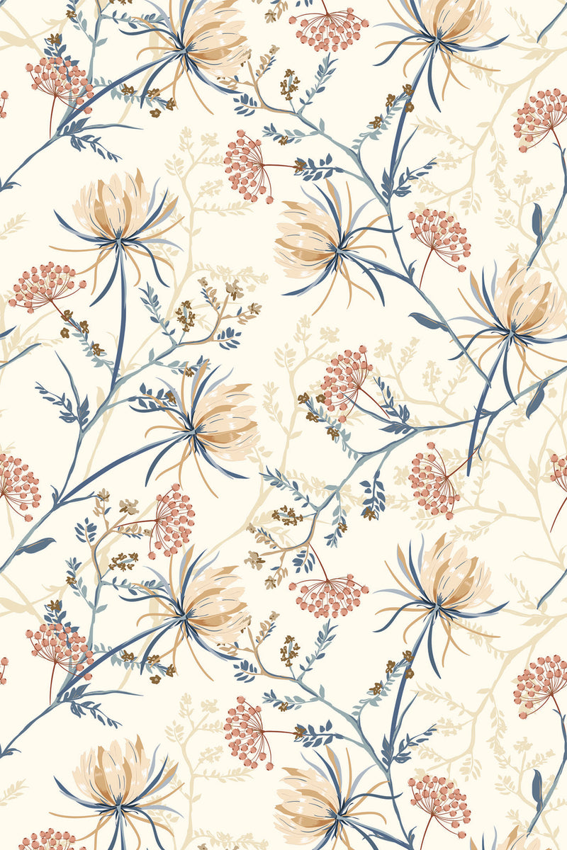 Floral wallpaper with beige and cream-toned flowers, muted red and pink buds, and delicate blue and green leaves on a light background. Peel and stick removable wallpaper.