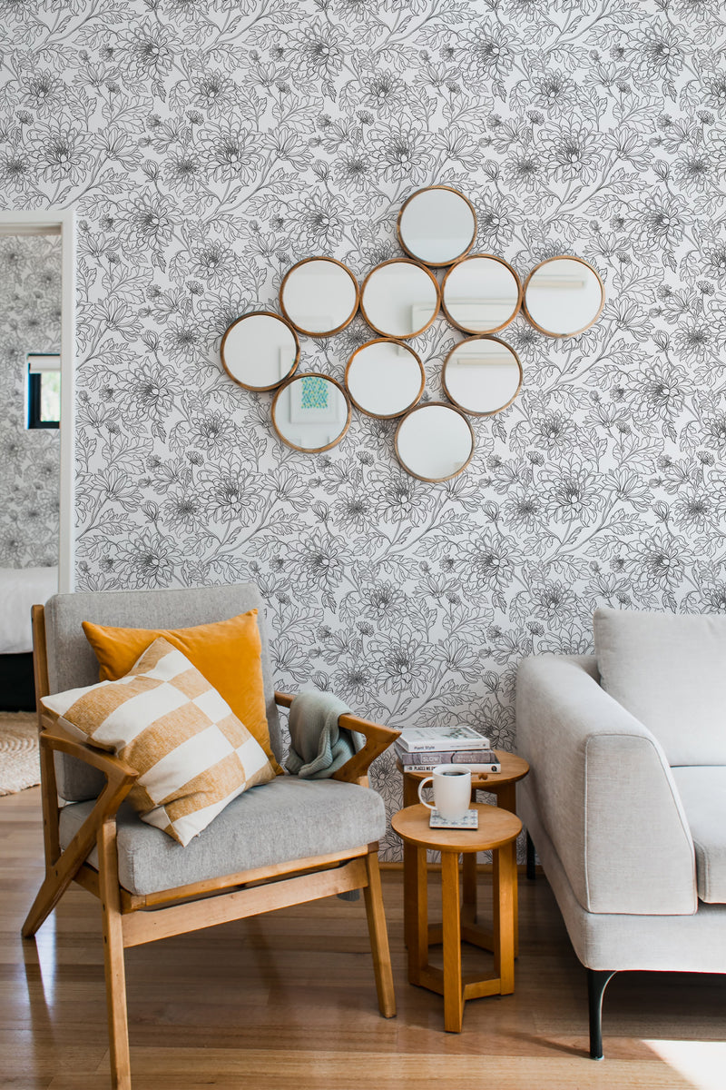 living room cozy sofa armchair pillows decor vintage floral line art peel stick wallpaper
