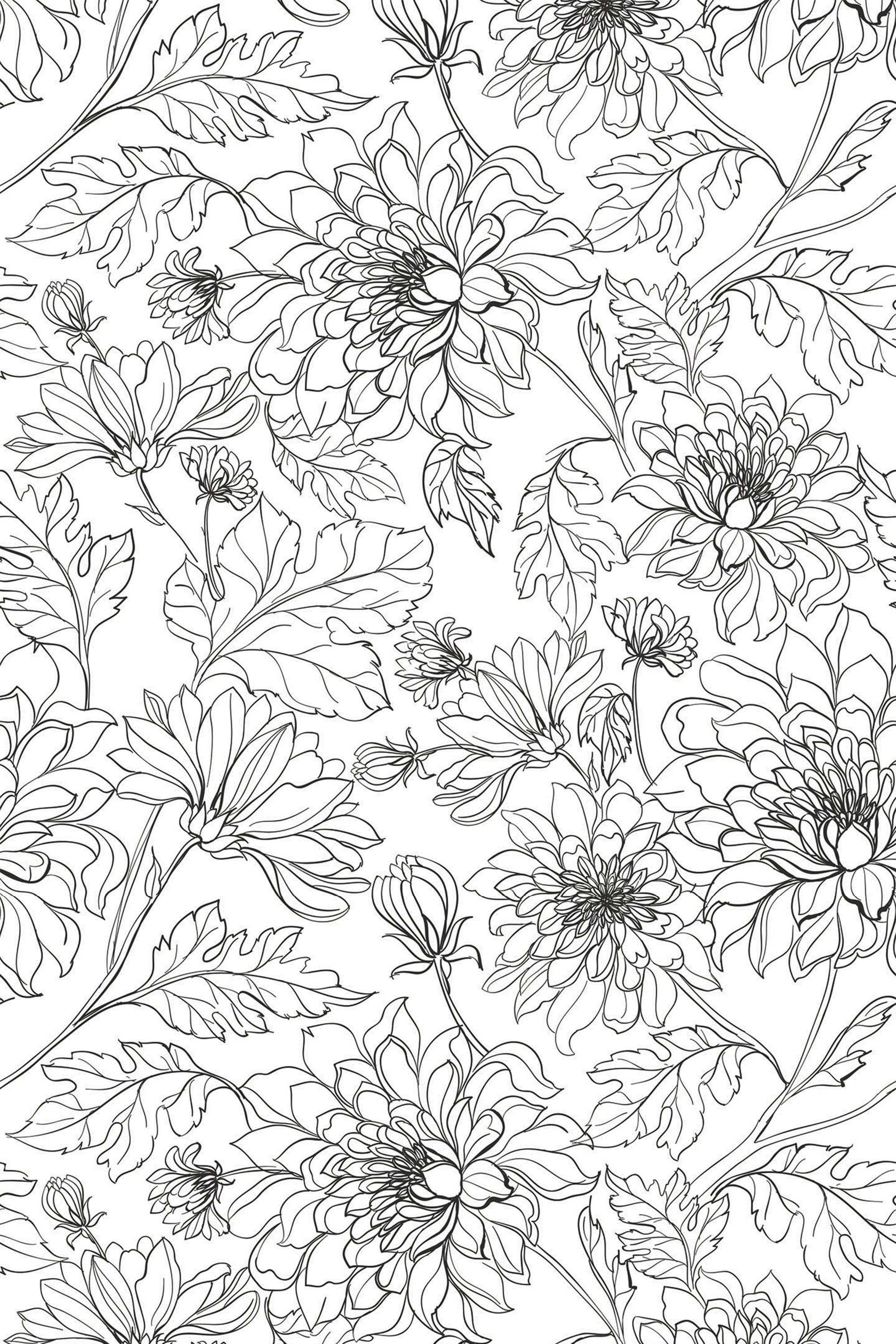 Black and white vintage floral line art pattern with detailed flowers, leaves, and buds, set against a plain background. Ideal for adding a timeless and elegant touch to any room. Peel and stick removable wallpaper.