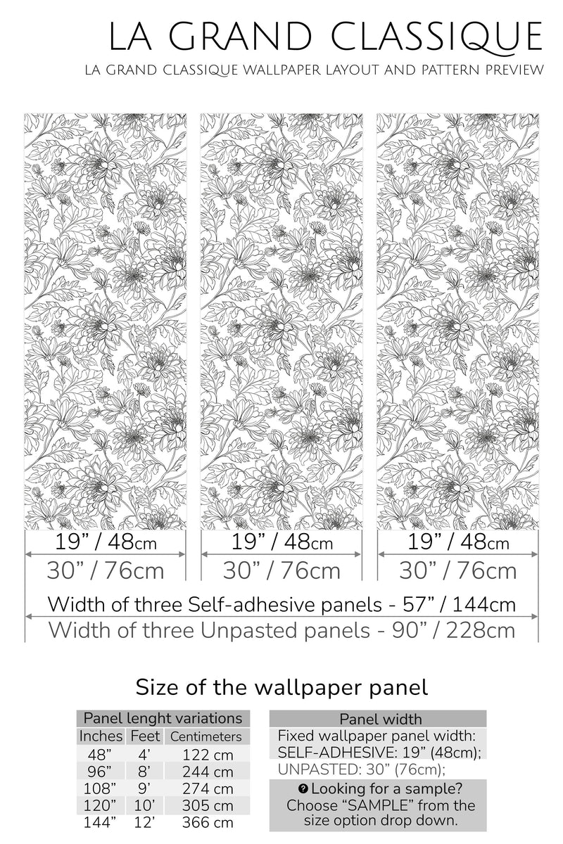 vintage floral line art peel and stick wallpaper specifiation