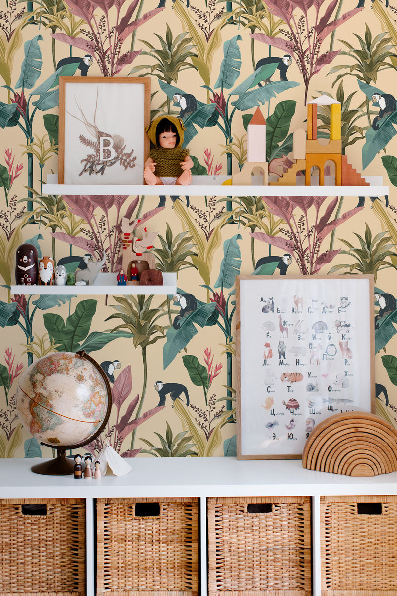 Self-adhesive Tropical Monkey wallpaper with lush green and pink leaves, playful monkeys, and vibrant jungle foliage on a beige background, creating a lively and exotic atmosphere in the room.