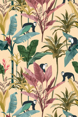 Tropical-themed wallpaper with monkeys sitting amidst lush green, pink, and muted yellow tropical leaves against a light beige background. Peel and stick removable wallpaper.