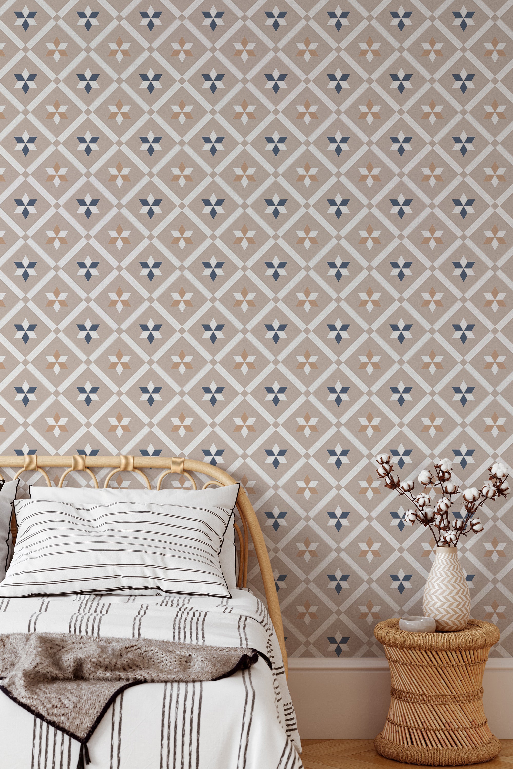 Self-adhesive wallpaper with a French tile design, incorporating a geometric pattern of beige, light gray, and dark blue diamond shapes with floral accents against a neutral background.