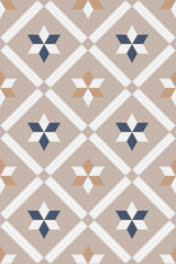 Geometric French tile pattern with diamond shapes in beige and white, filled with star motifs in navy, white, and peach. Peel and stick removable wallpaper.