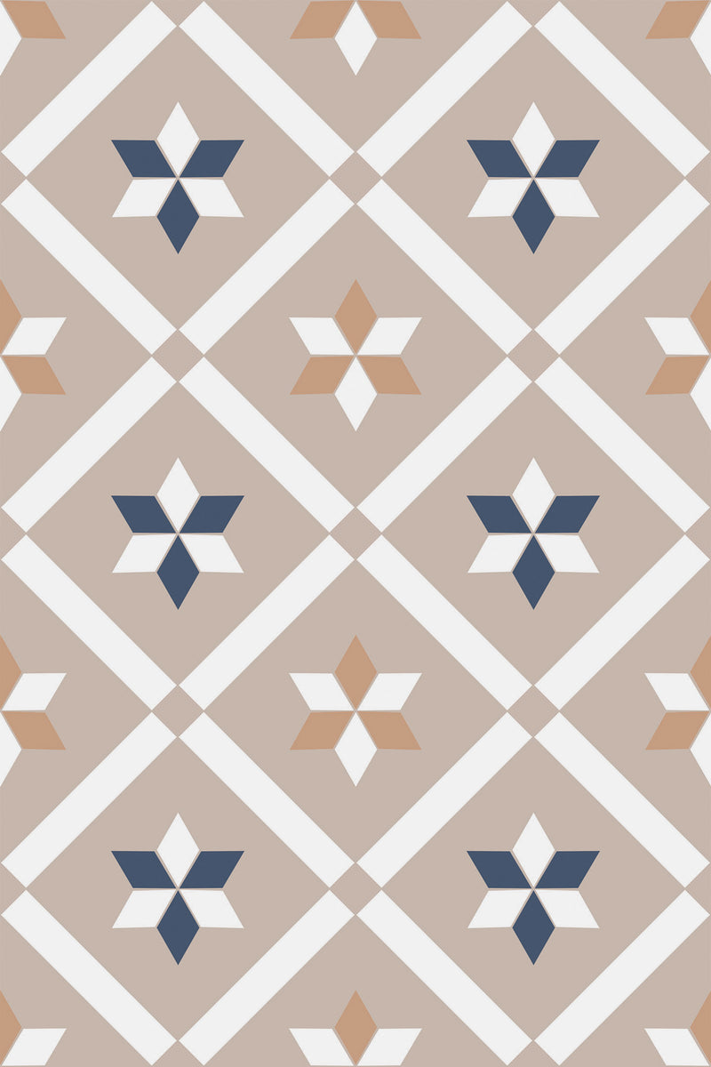 Geometric French tile pattern with diamond shapes in beige and white, filled with star motifs in navy, white, and peach. Peel and stick removable wallpaper.