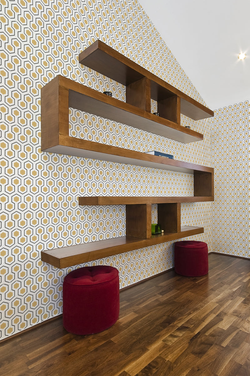 modern living room shelf velour puff chairs honeycomb wallpaper stick and peel