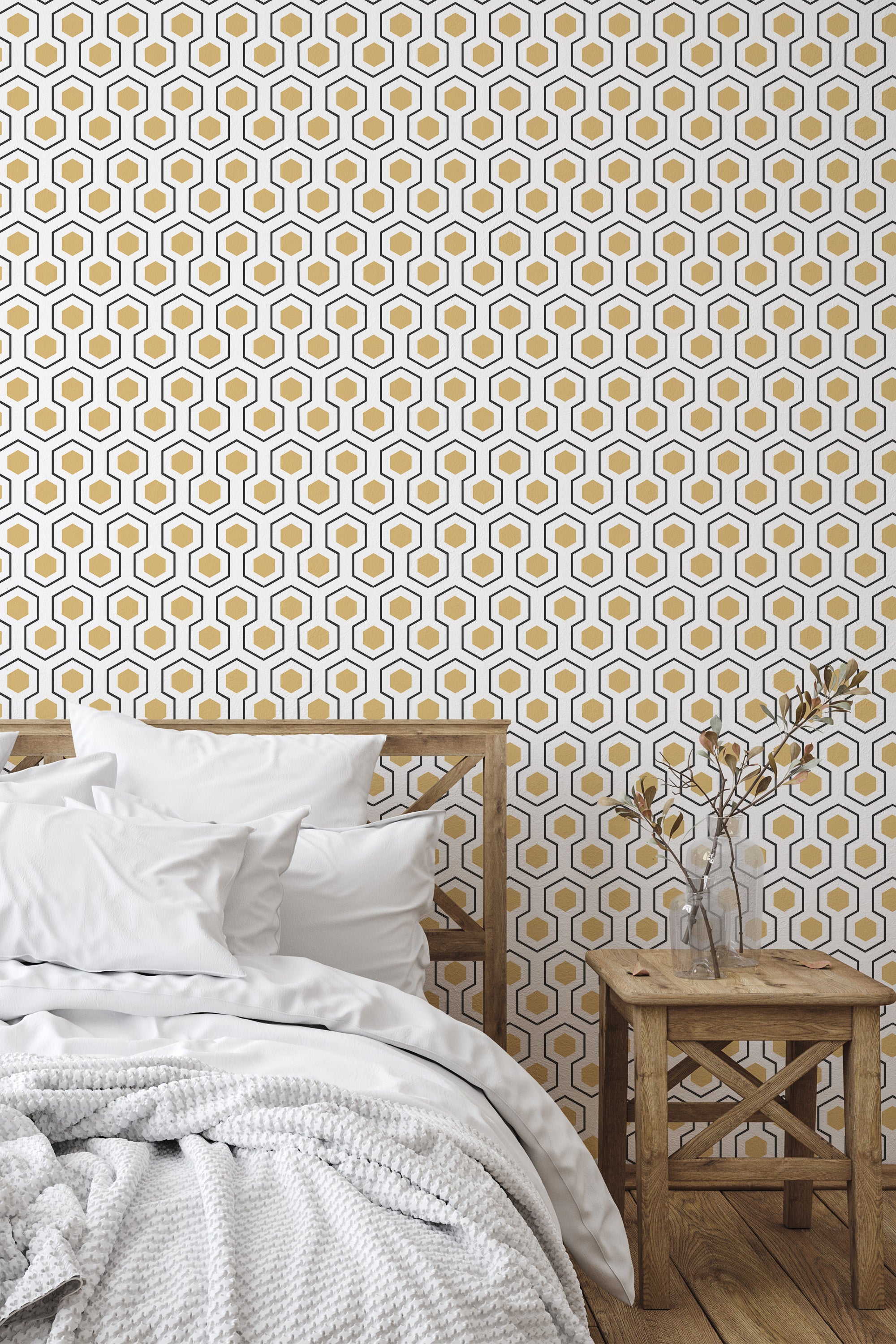 Self-adhesive wallpaper with a honeycomb design in yellow and white hexagons, creating a modern and geometric pattern.
