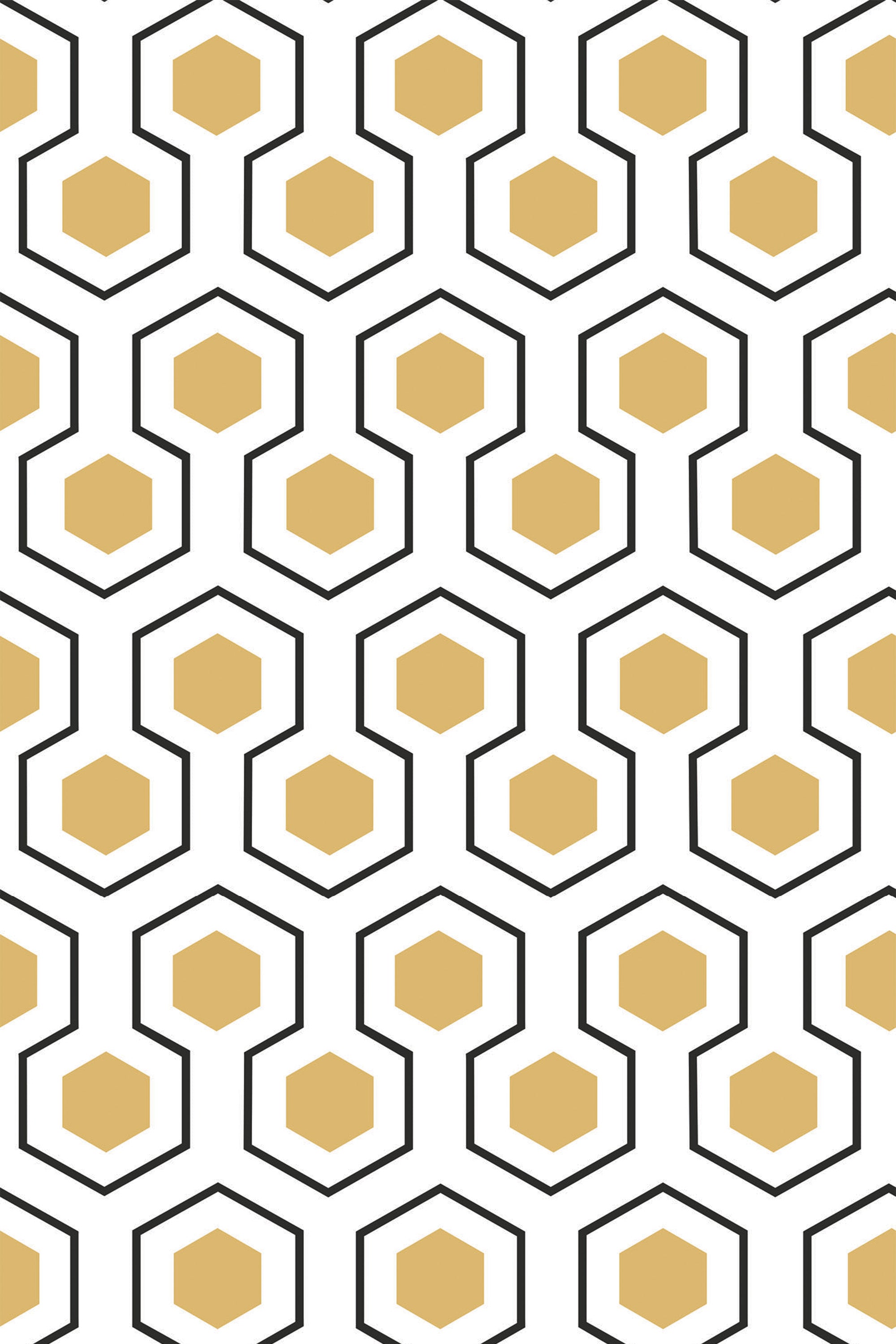 Pattern with a series of hexagonal shapes resembling a honeycomb, featuring alternating gold and black outlines on a white background. Peel and stick removable wallpaper.