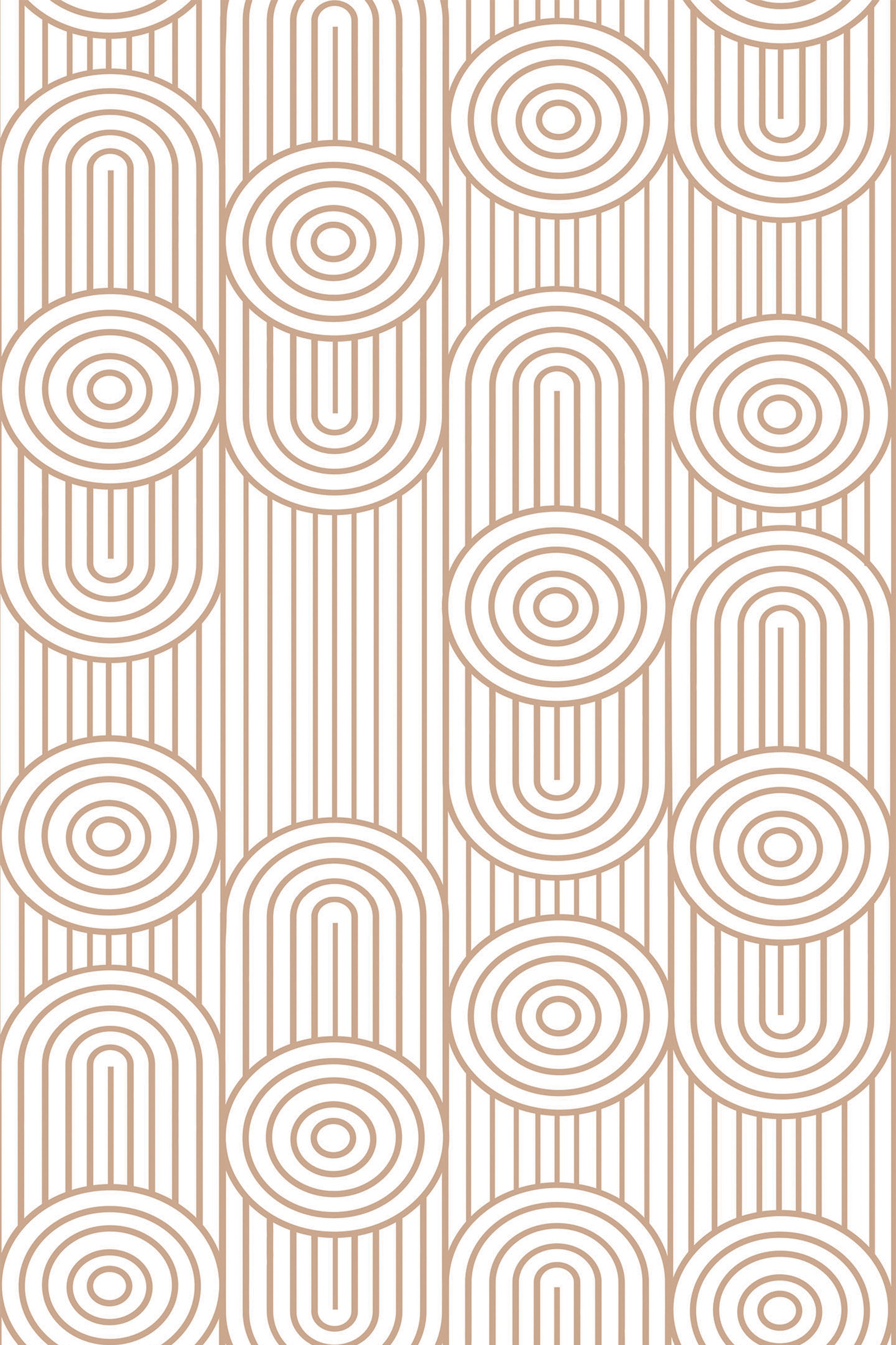 A geometric pattern with concentric circles and vertical lines in a gold-brown color on a white background, forming a repeating design. Peel and stick removable wallpaper.