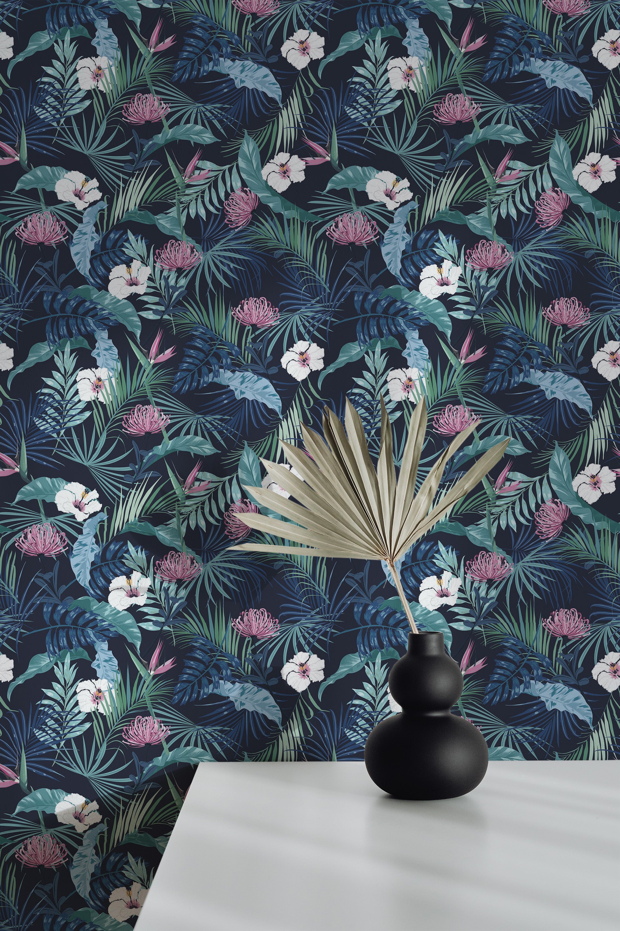 Self-adhesive wallpaper with a dark tropical theme, featuring vibrant exotic flowers in shades of pink, blue, and white, surrounded by green palm leaves on a black background.