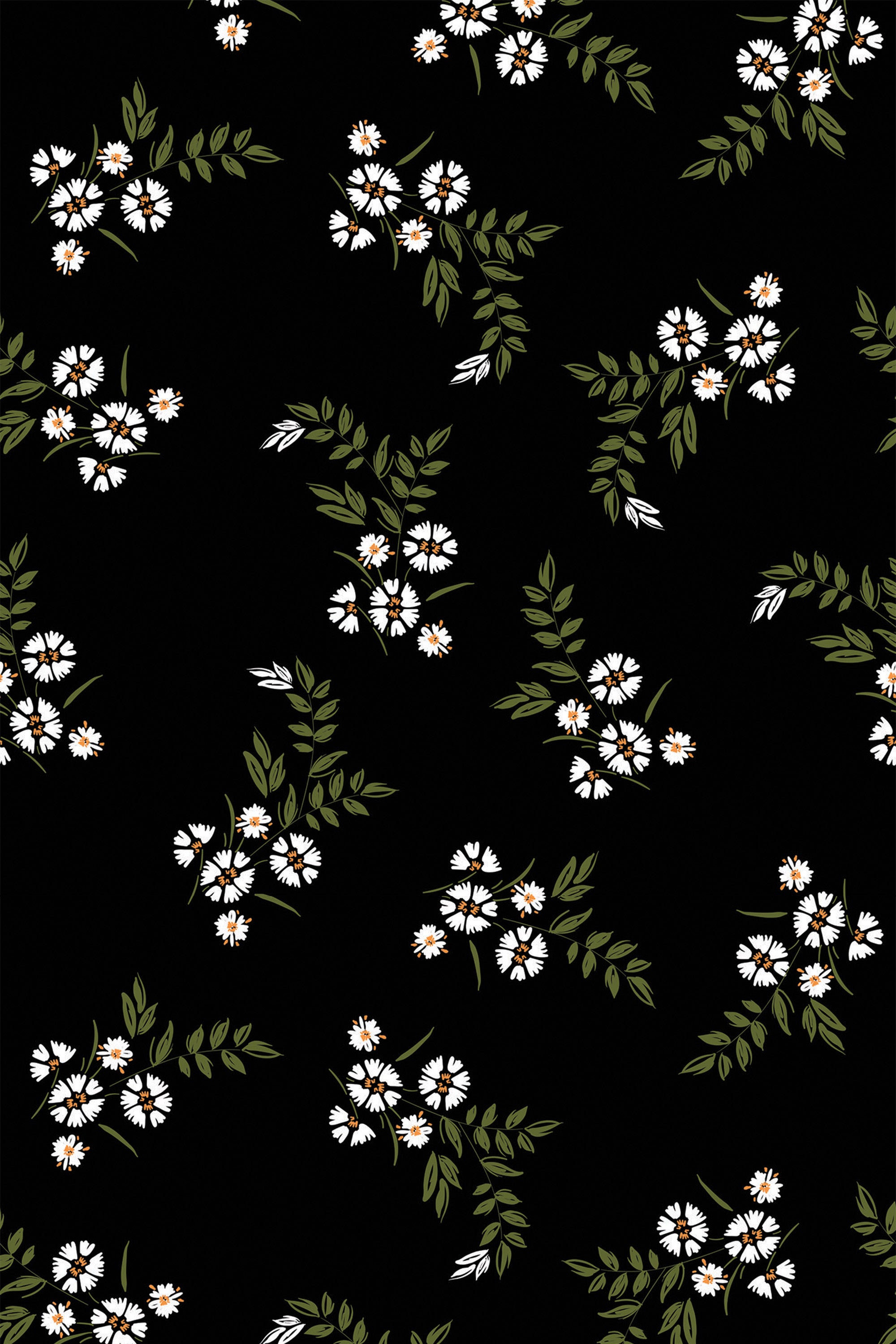 Clusters of small white flowers with yellow centers and green leaves on a black background, peel and stick removable wallpaper.