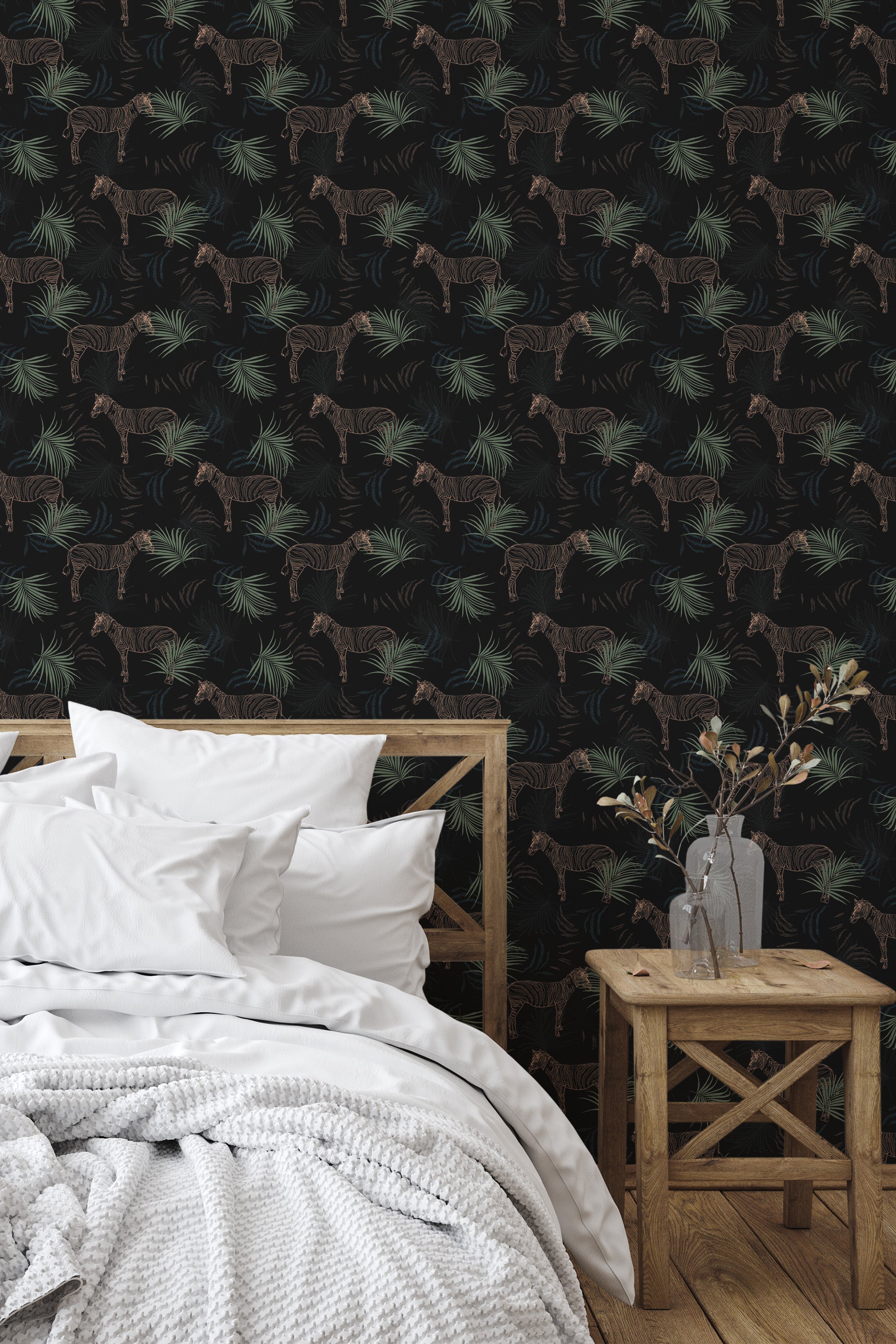 Self-adhesive wallpaper with a Jungle animal design, highlighting elegant leopards and lush green leaves on a dark background.