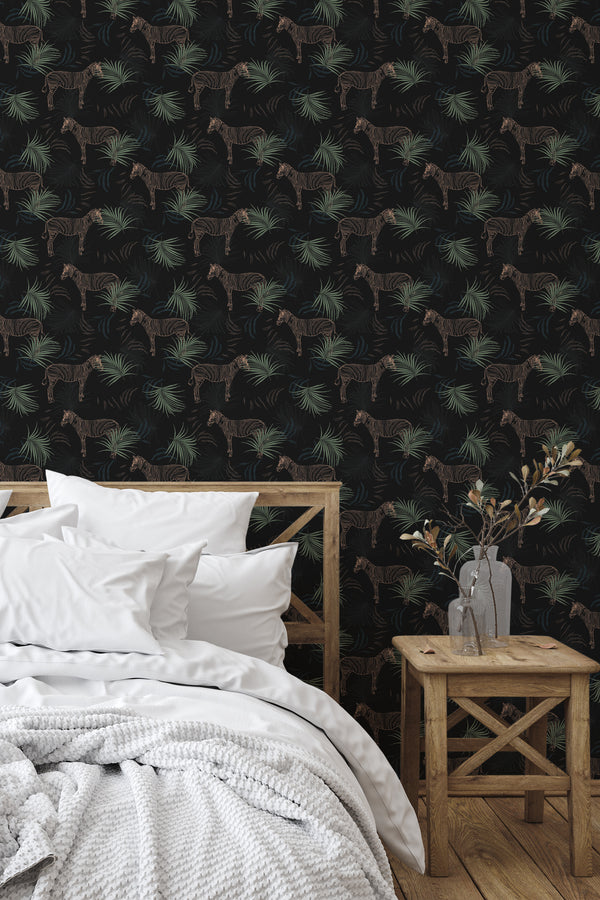simple bedroom bed nightstand decorative vase jungle animal wall decor