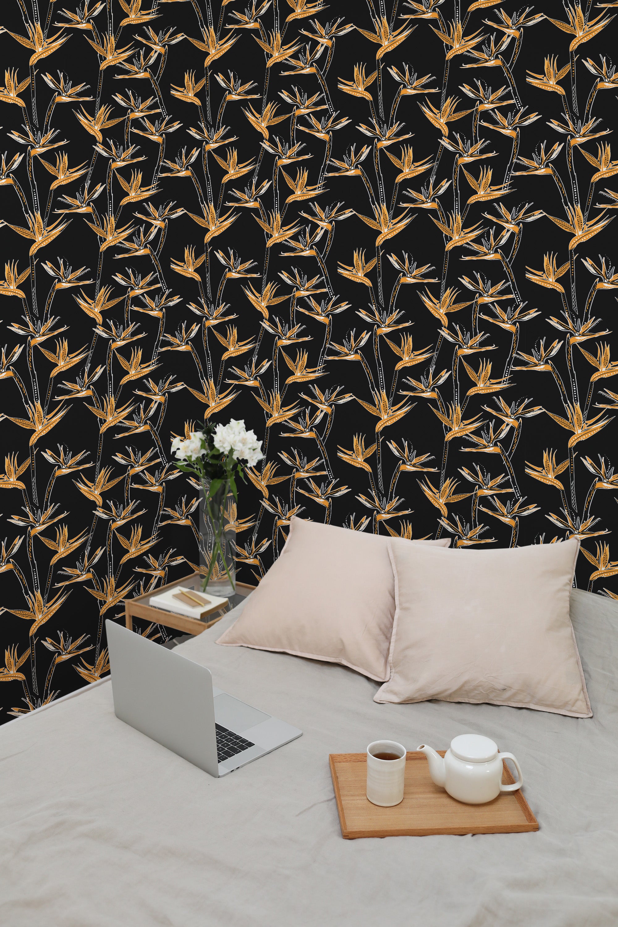 Self-adhesive wallpaper with a black background adorned with delicate yellow and white botanical flower patterns, creating a striking contrast and a modern aesthetic in the room.