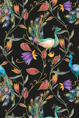 Colorful peacocks with ornate feathers surrounded by vibrant flowers and leaves on a black background, peel and stick removable wallpaper.