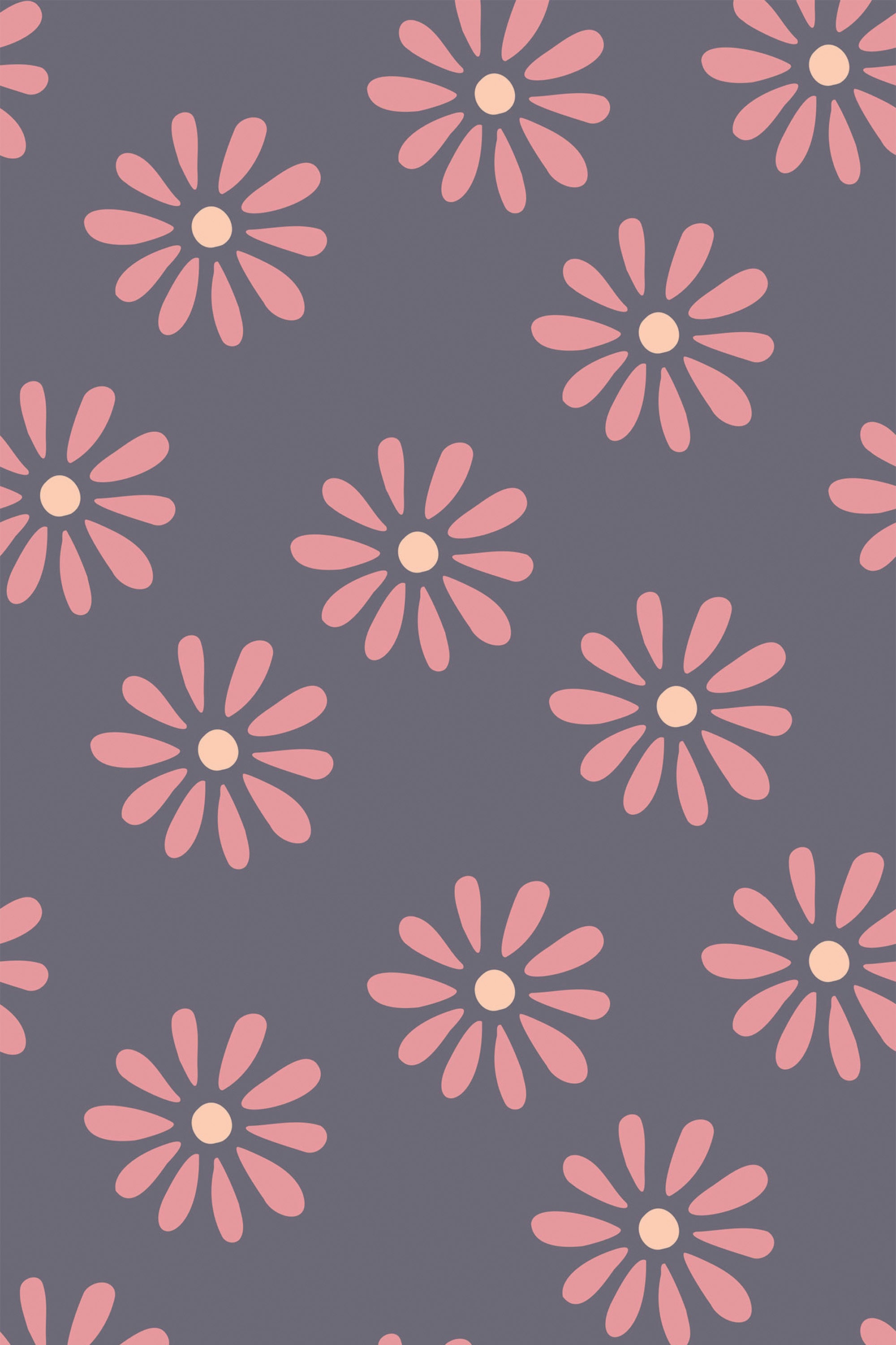 Stylized pink flowers with soft oval petals and pale yellow centers are arranged in a scattered pattern on a muted purple background. Peel and stick removable wallpaper.