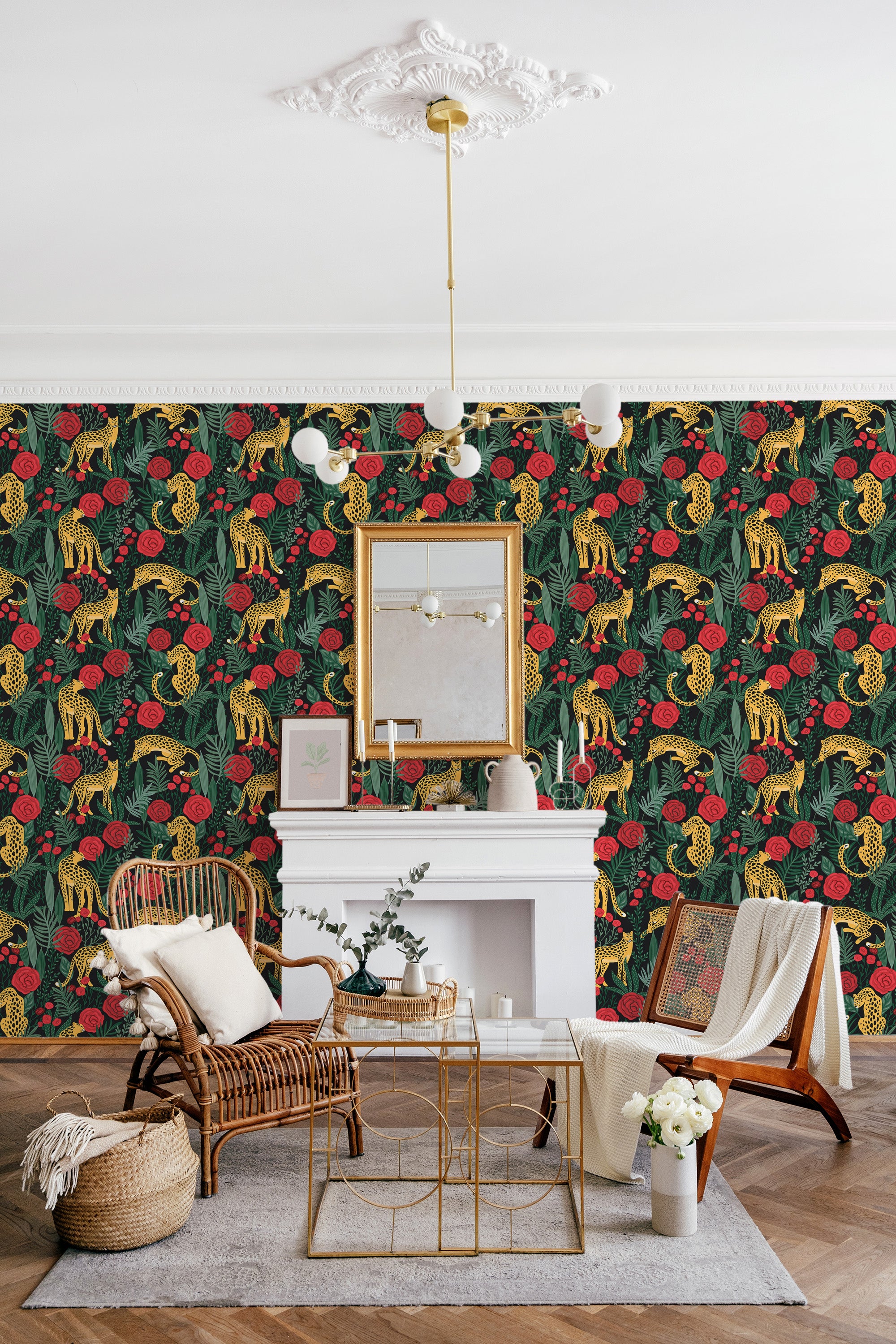 Wallpaper with tigers and vibrant roses set against a dark background, creating a striking jungle-inspired scene. The design combines bold imagery with lush greenery and colorful florals, adding depth and contrast to the space. Traditional wallpaper.