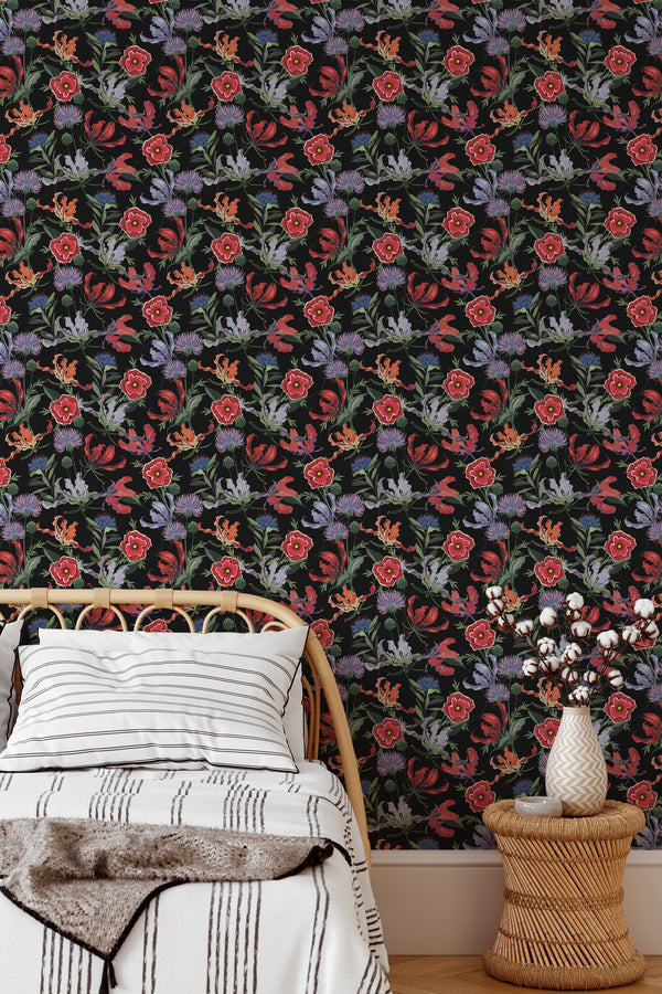 cozy bedroom interior rattan furniture decor black magic floral accent wall