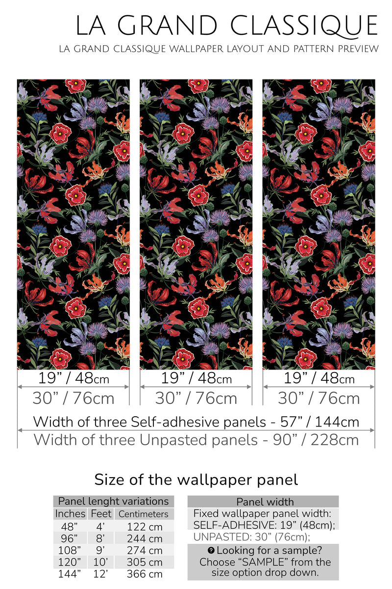 black magic floral peel and stick wallpaper specifiation