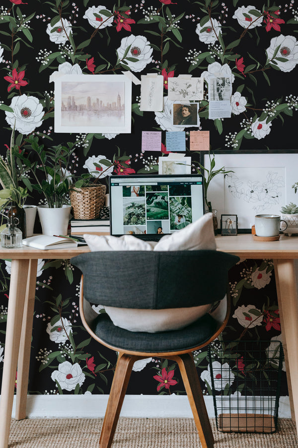 modern home office desk plants posters computer black floral stick on wallpaper
