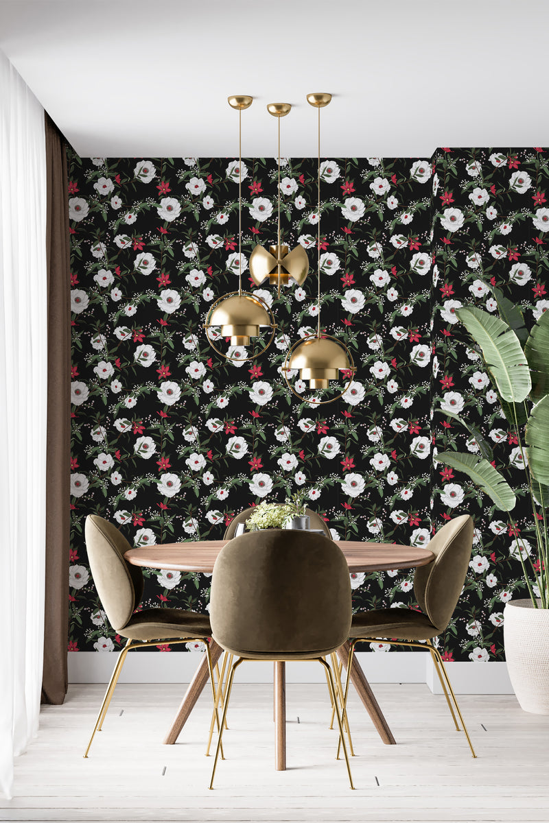 modern dining area velour chair plant black floral accent wall