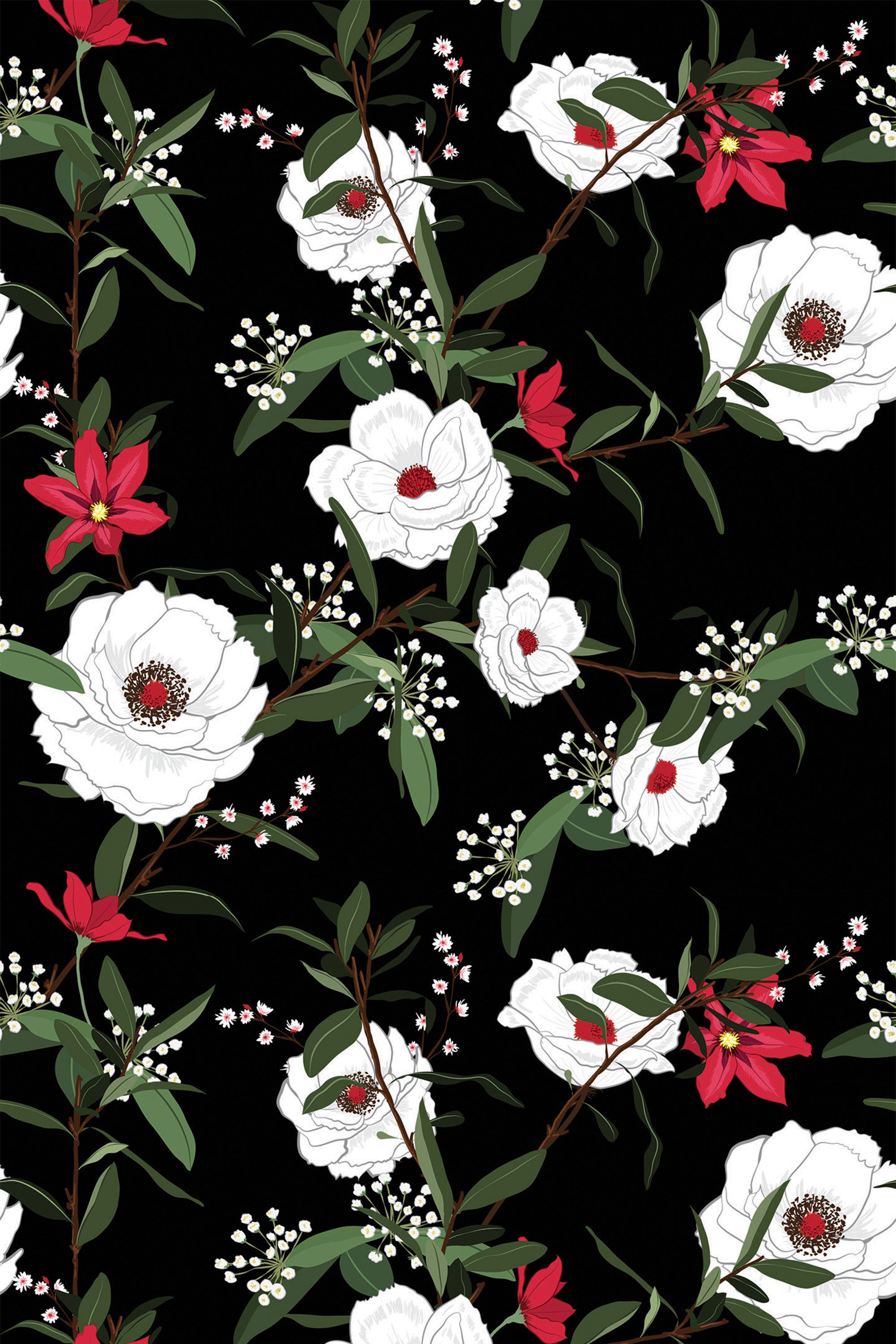 Black floral wallpaper with white flowers, red blossoms, and green leaves intertwined on dark background. Peel and stick removable wallpaper.