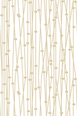 Thin, irregular golden lines intersect diagonally with small, circular dots scattered throughout against a white backdrop. Retro geometry pattern, peel and stick removable wallpaper.