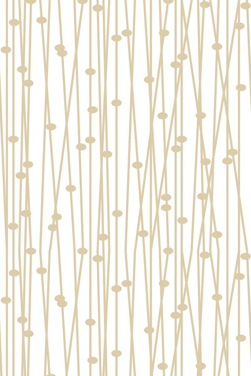 Thin, irregular golden lines intersect diagonally with small, circular dots scattered throughout against a white backdrop. Retro geometry pattern, peel and stick removable wallpaper.