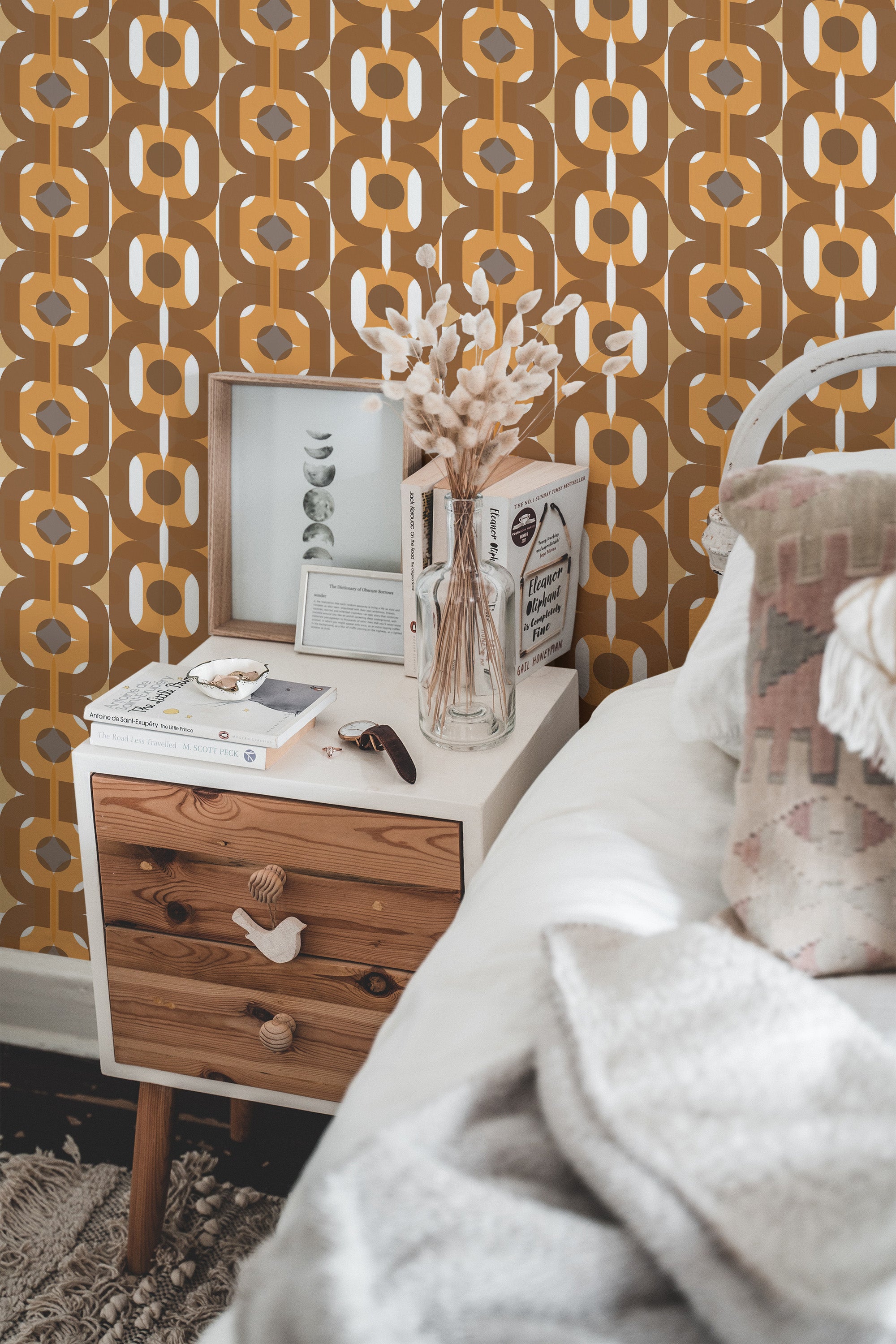 Self-adhesive Retro brown wallpaper with a geometric pattern of interconnected orange and beige circles and ovals, creating a bold and vintage look.