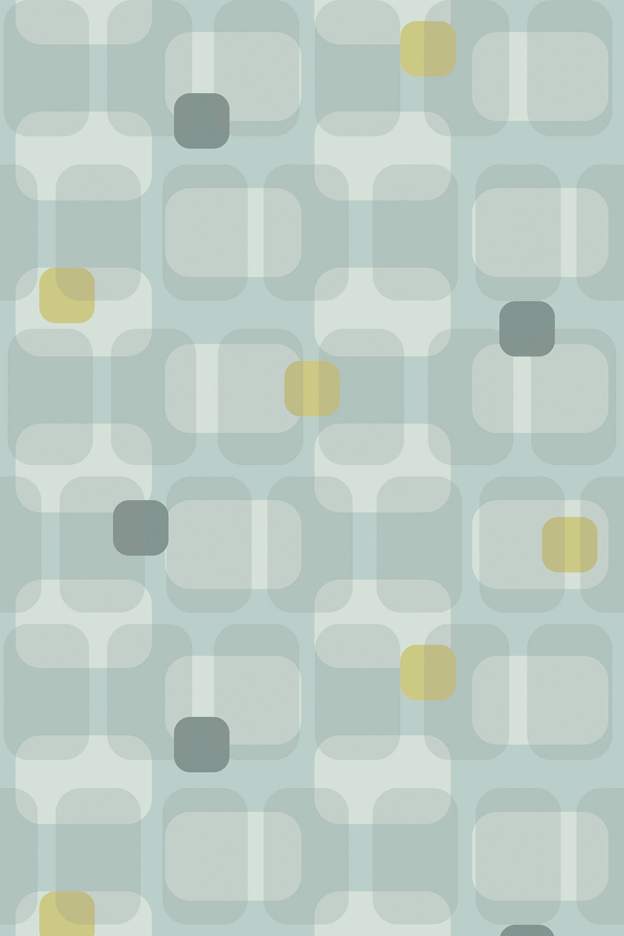 A wallpaper pattern with overlapping squares and rounded corners in muted shades of teal, gray, and yellow. The retro-style circles merge seamlessly with the geometric shapes, creating a vintage aesthetic on the peel and stick removable wallpaper.