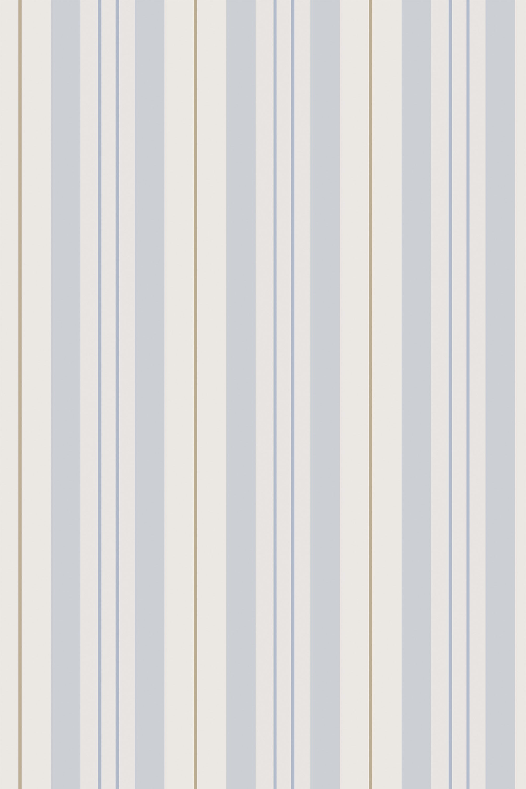 Vertical stripes in alternating soft blue, light beige, and off-white colors, with thin golden and blue accent lines. A simple, classic, and understated retro pattern. Peel and stick removable wallpaper.