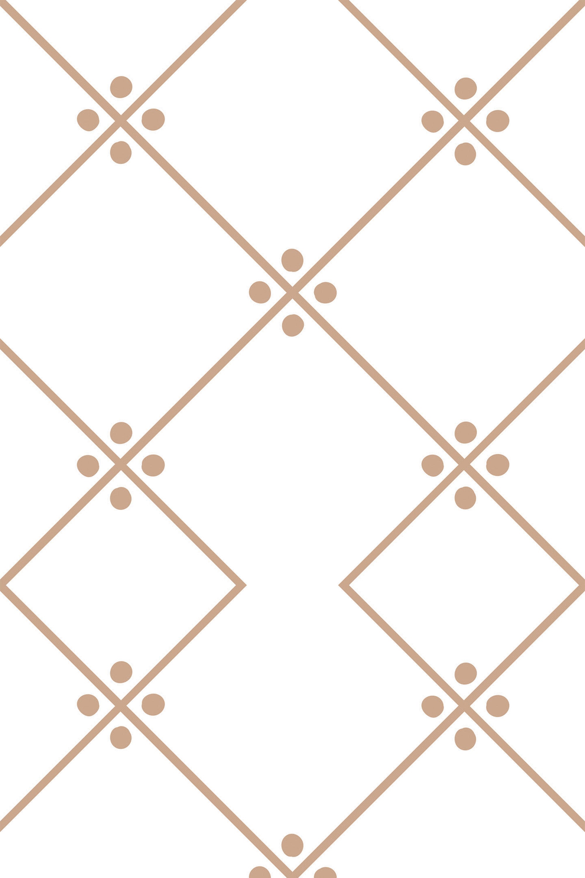 Geometric wallpaper with a minimalist design of intersecting brown diamond shapes and small dotted accents on a white background, peel and stick removable wallpaper.