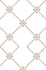 Geometric wallpaper with a minimalist design of intersecting brown diamond shapes and small dotted accents on a white background, peel and stick removable wallpaper.